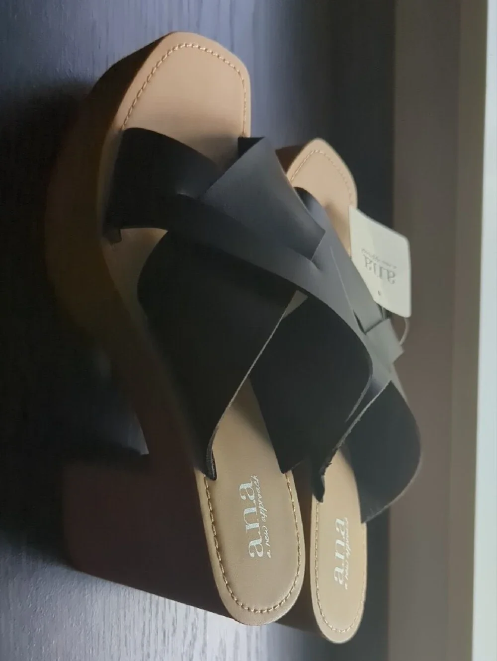 a.n.a Black Crisscross Platform Slide Sandals with Tan Footbed